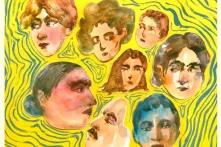 Gemaltes Bild mit sieben Frauen- und einem Männerkopf auf gelb-grünem Hintergrund
