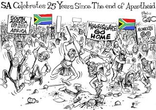 Karikatur der Feierlichkeiten zum 25 jährigen Jubiläum des Endes der Arpartheid