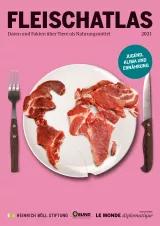 Cover: Fleischatlas 2021. Auf einem Teller liegen Fleischstücke, die Teile einer Weltkarte nachbilden