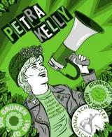 Illustration - Petra Kelly mit Megaphon auf grünem Hintergrund